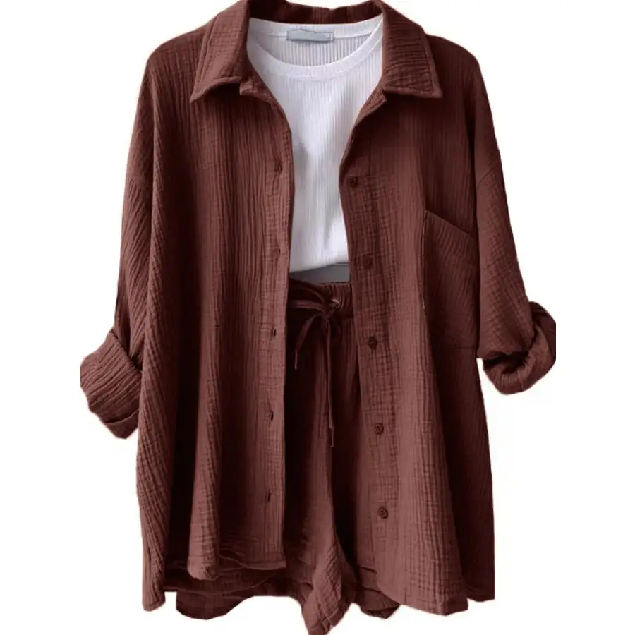 Textured Button Up Shirt and Shorts Set
