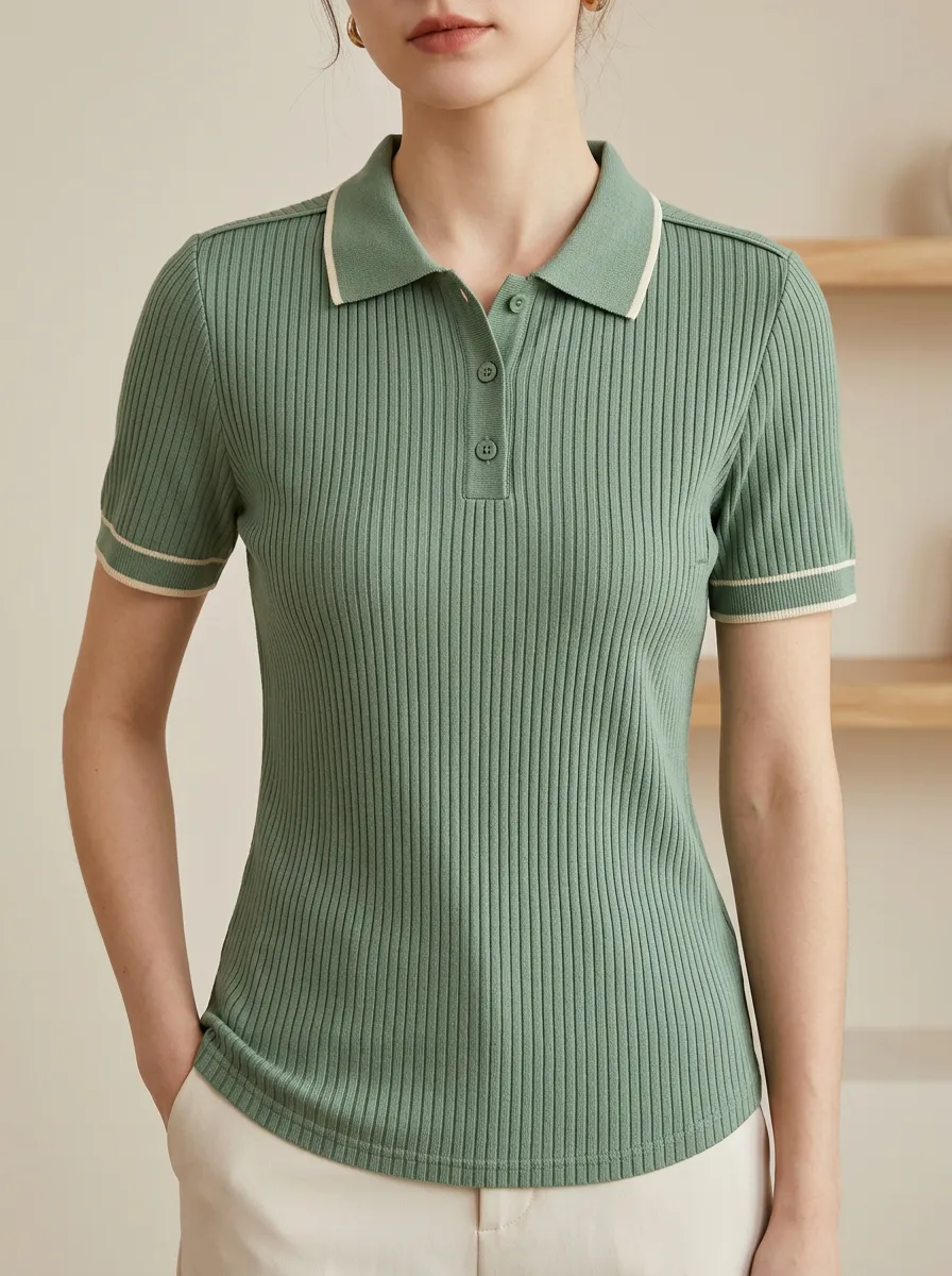 Women's Sage Green Ribbed Knit Contrast Trim Polo Shirt