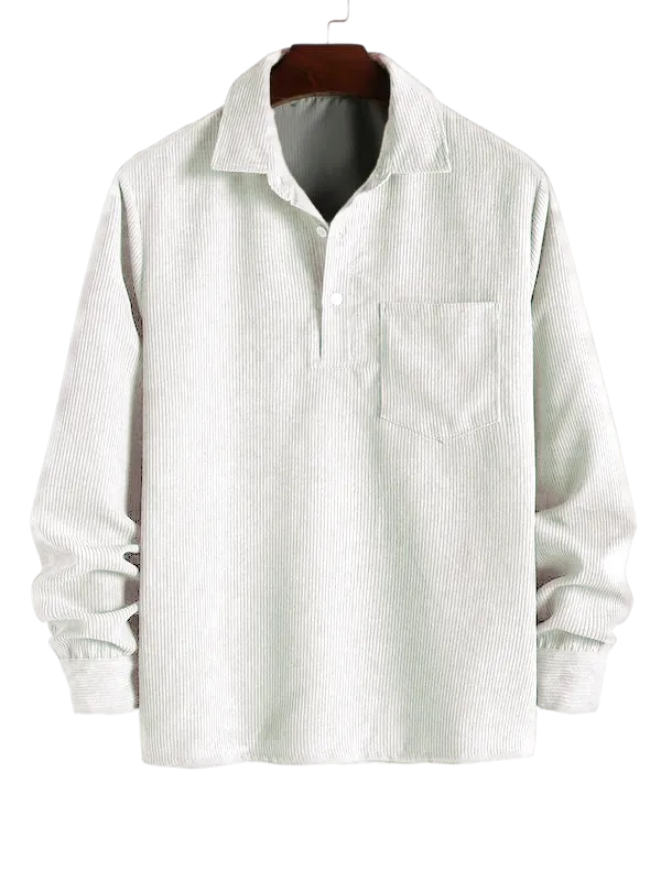 Men's Plain Pocket Half Button Corduroy Shirt, Casual Comfy Regular Fit Long Sleeve Collared Top For Fall & Winter, Men's Clothes For Daily Wear