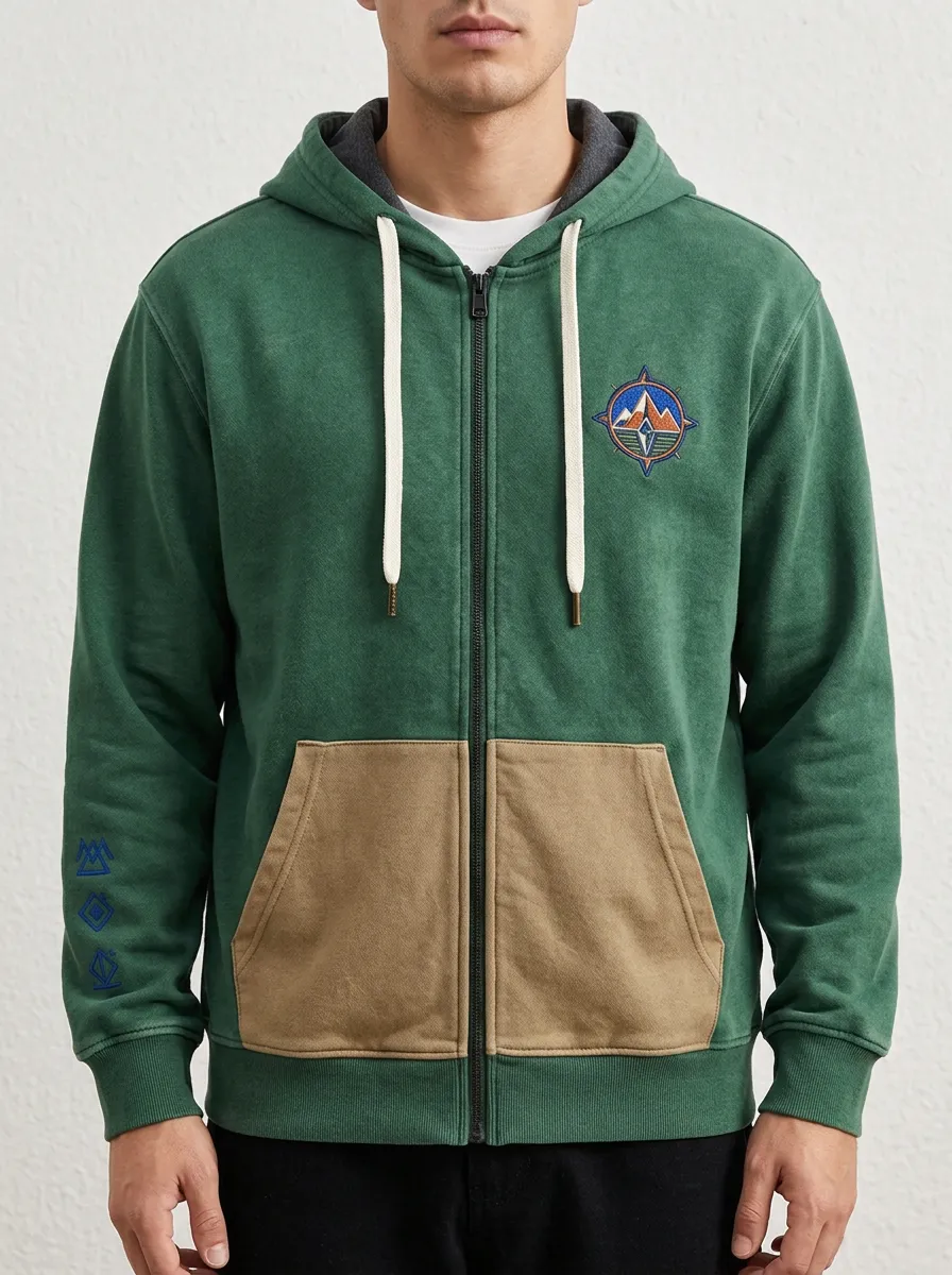 Men's Chest Embroidery Full-Zip Outdoor Adventure Mountain Compass Hoodie
