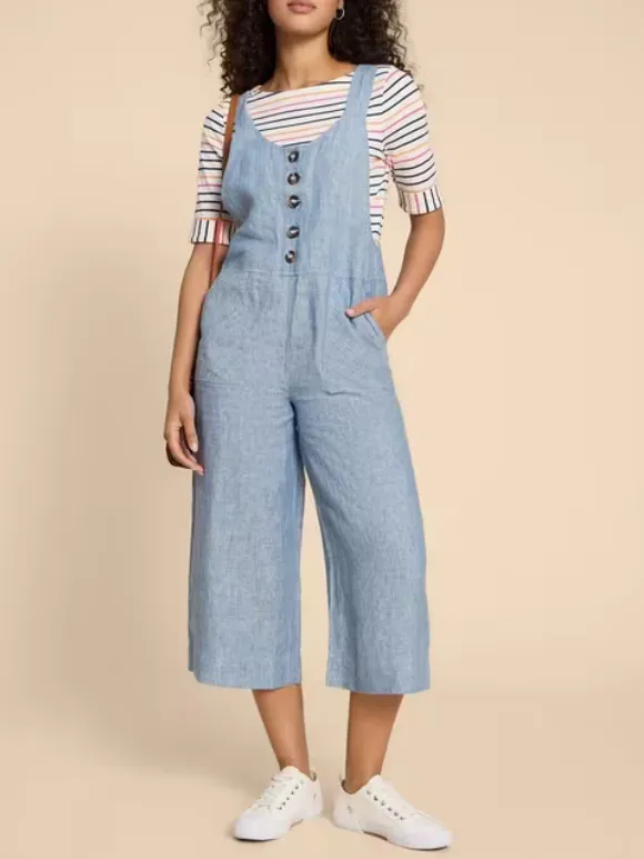 Crop Linen Dungaree In Chambray Blue