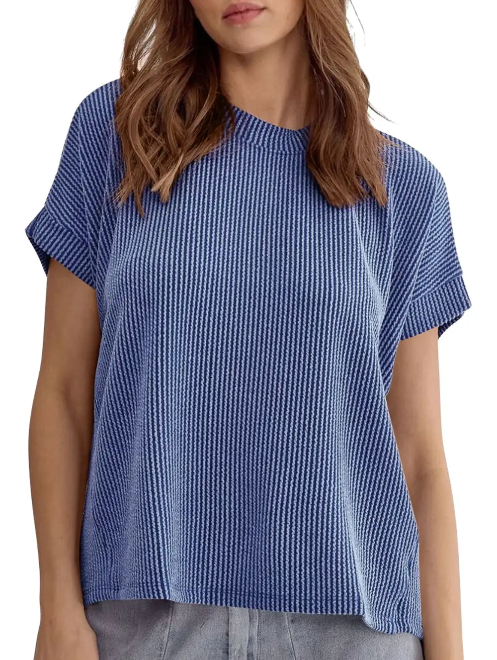 Ribbed Knit Crew Neck Tee
