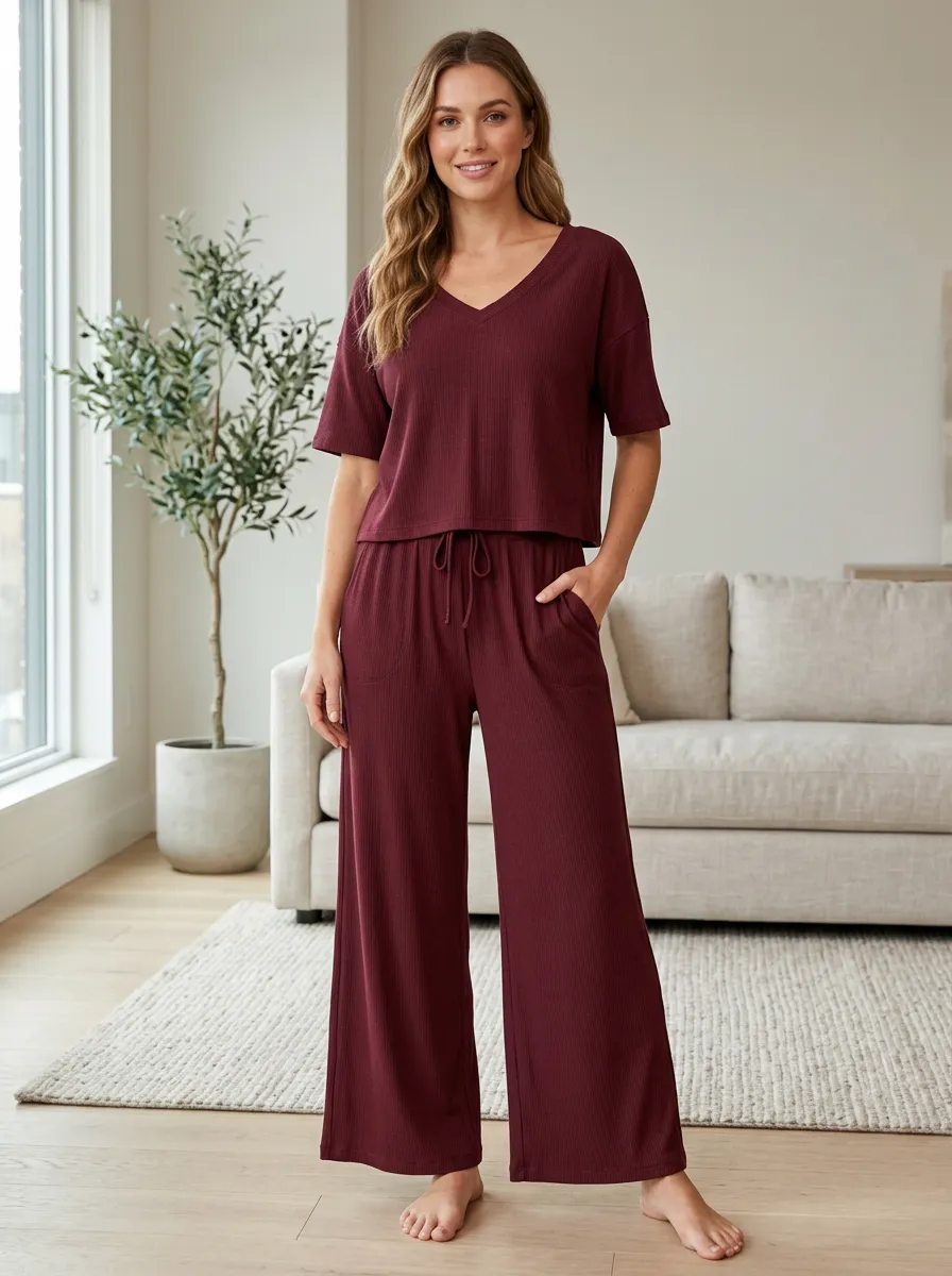 Women's Off Duty Lounge Ribbed Wide Leg Relaxed Set
