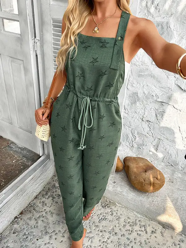 Mouwloze Jumpsuits Met Trekkoord Knoopsluiting En Bedrukte Spaghetti