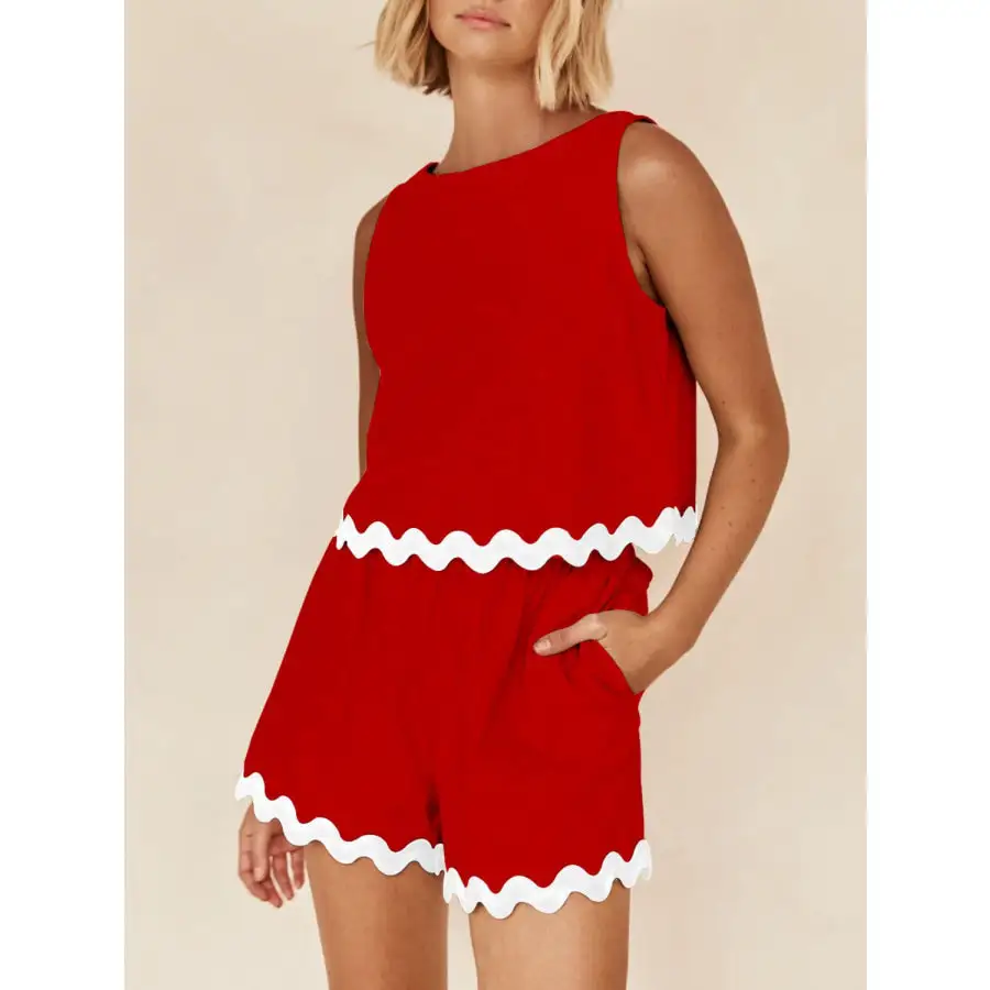 Contrast Trim Round Neck Tank and Shorts Set