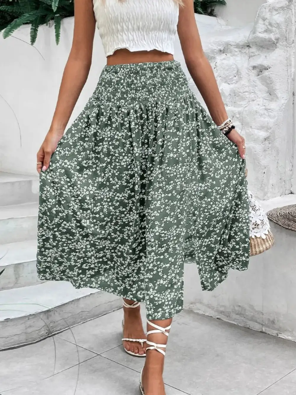 Slit Smocked Printed Skirt