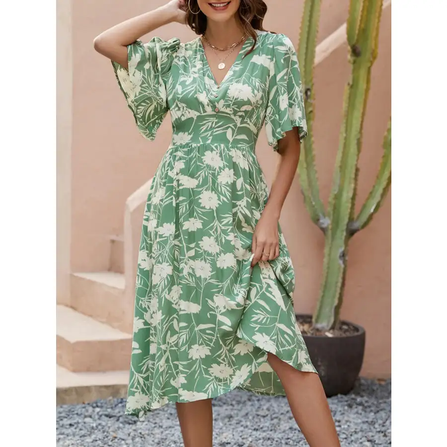 Neck V-Neck Flutter Sleeve Midi Dress