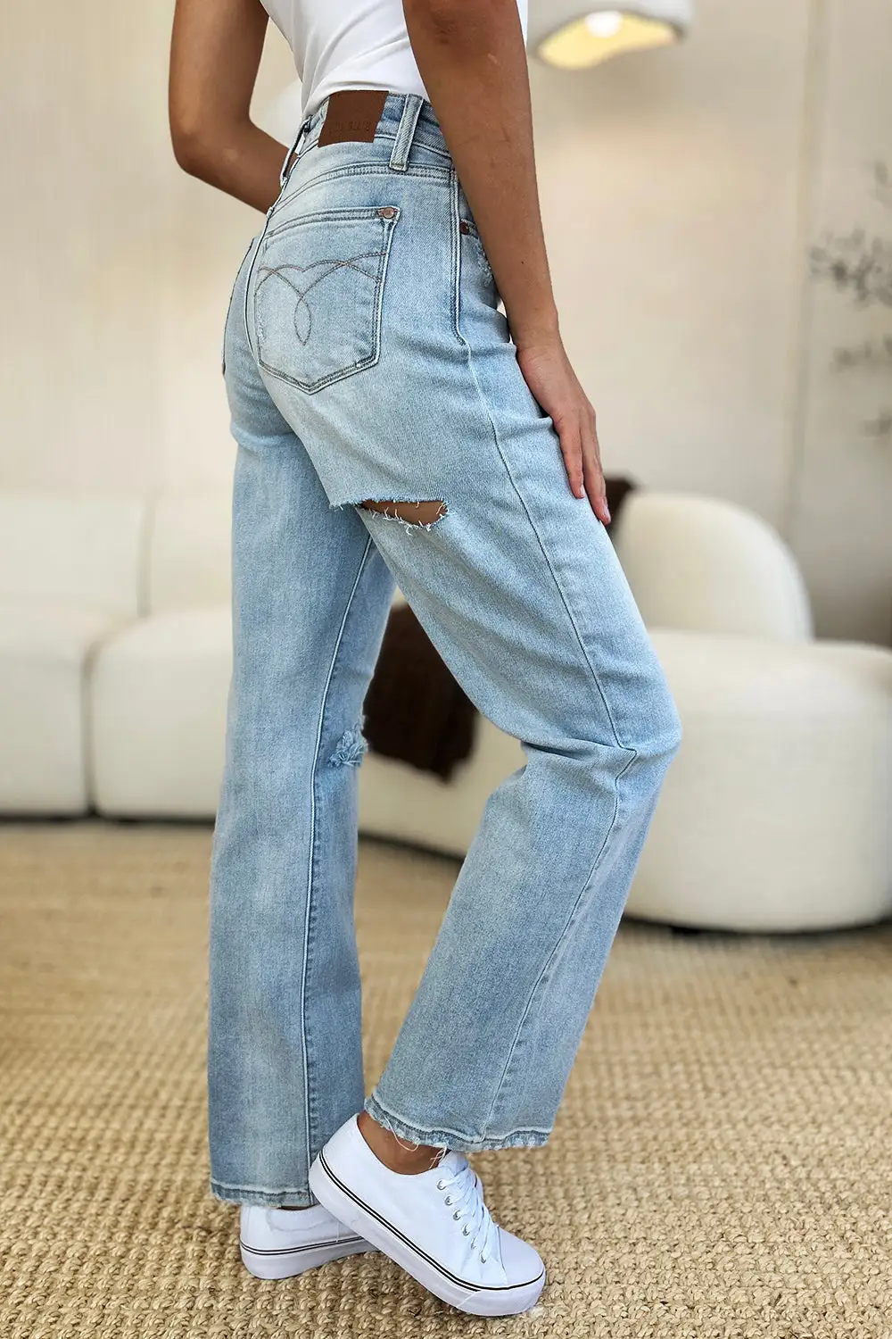 Modern High Waist Straight Leg Distressed Denim Jeans