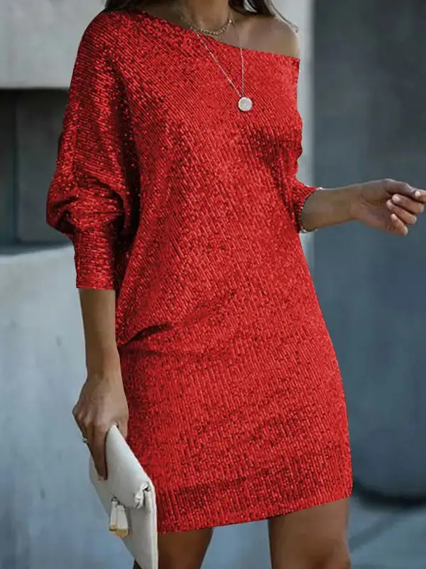 A Line Relaxed Asymmetric Sequined Solid Color One Shoulder Mini Dress