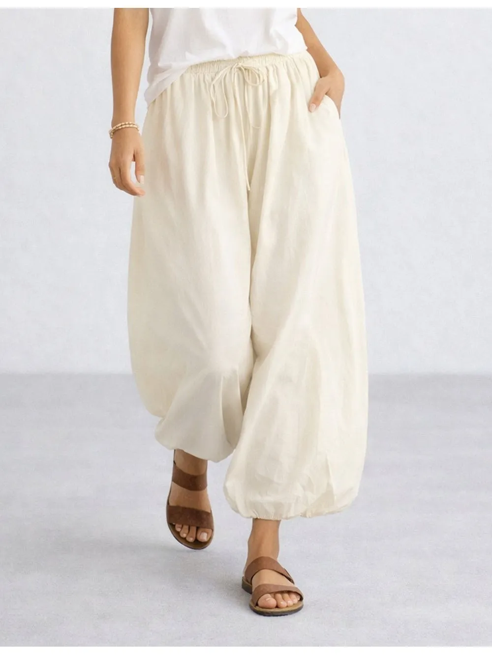 Solid Color Elastic Waist Drawstring Lantern Pants