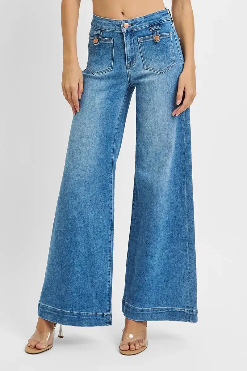 Mid Rise Patch Pocket Wide Leg Jeans
