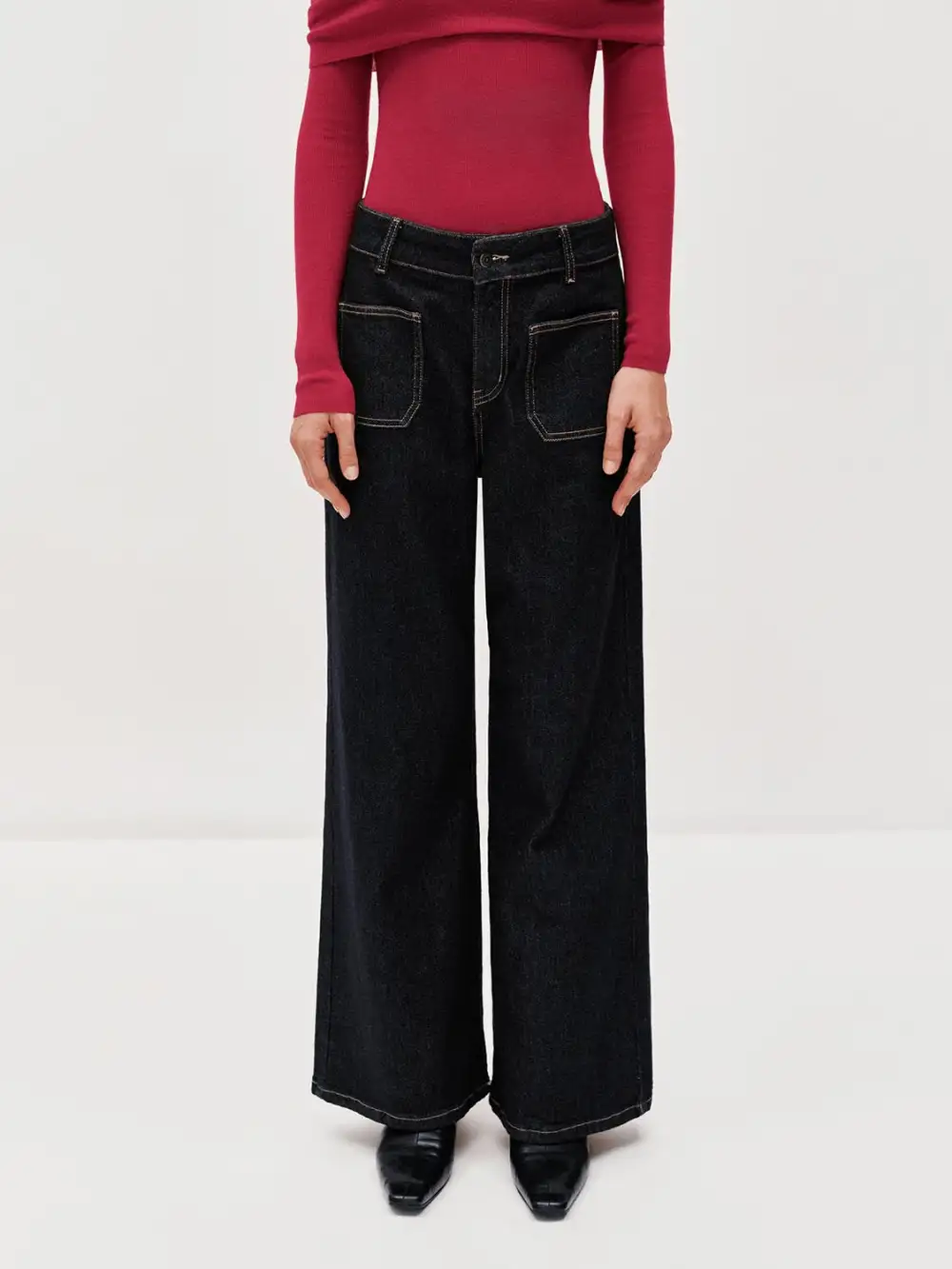 Ladies' Black Retro-Style Wide-Leg Denim Trousers