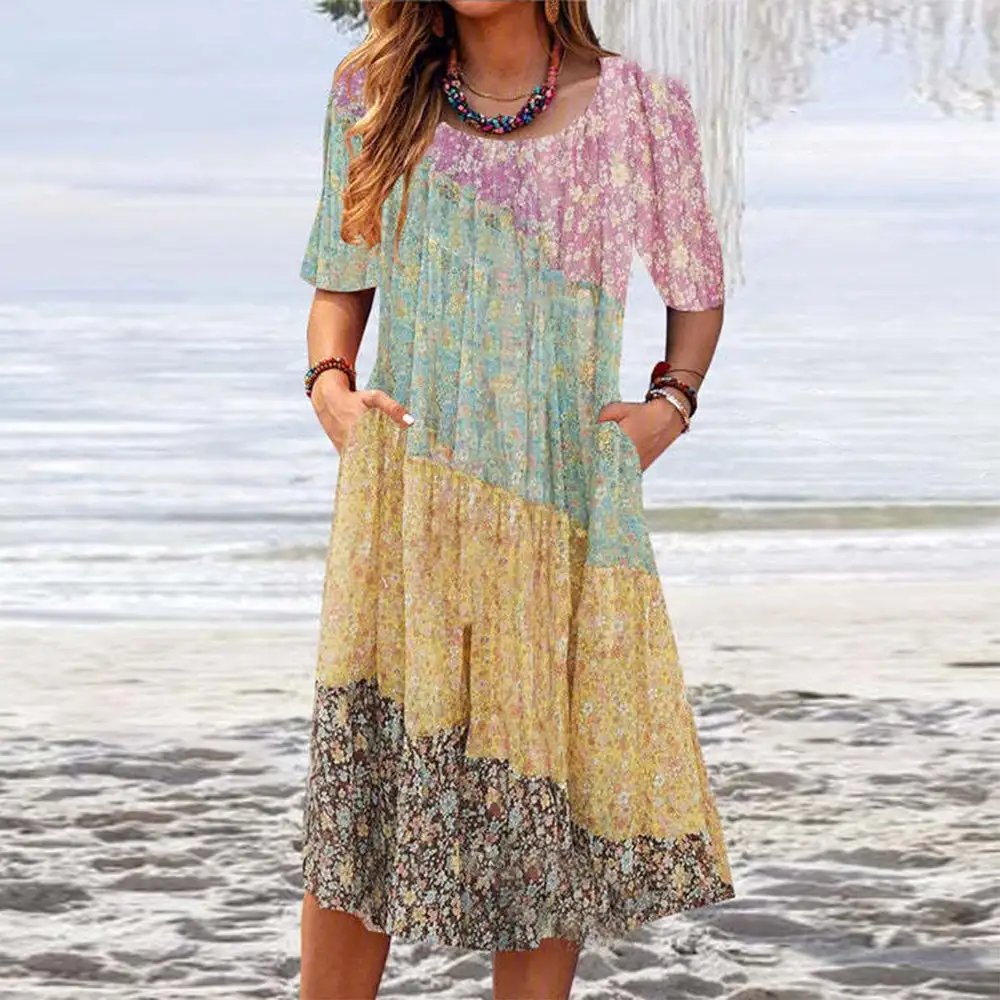 Trendy Print Round Neck Midi Dress