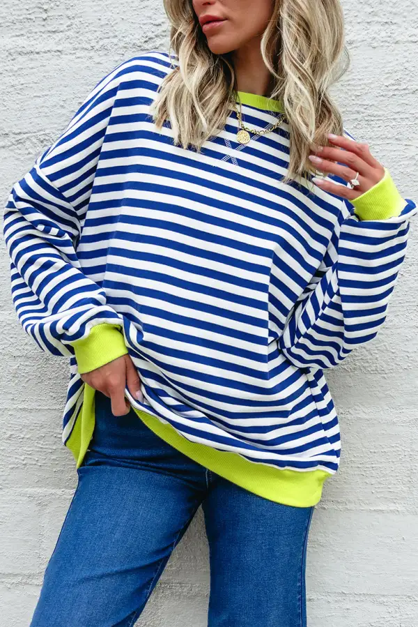 Soft Feel Striped Ribbed Drop Shoulder Sweatshirt