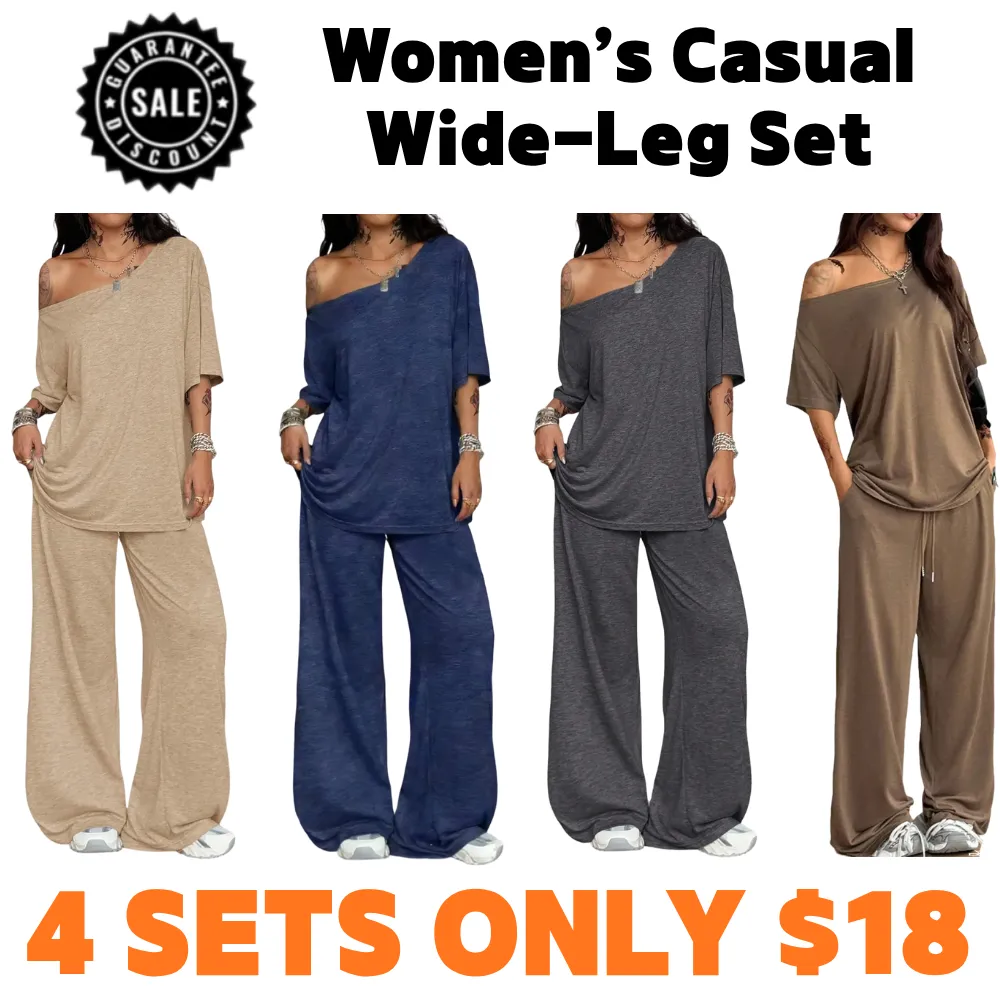 Women’s Casual Two-Piece Set – Wide-Leg Pants & Slant Neck Top