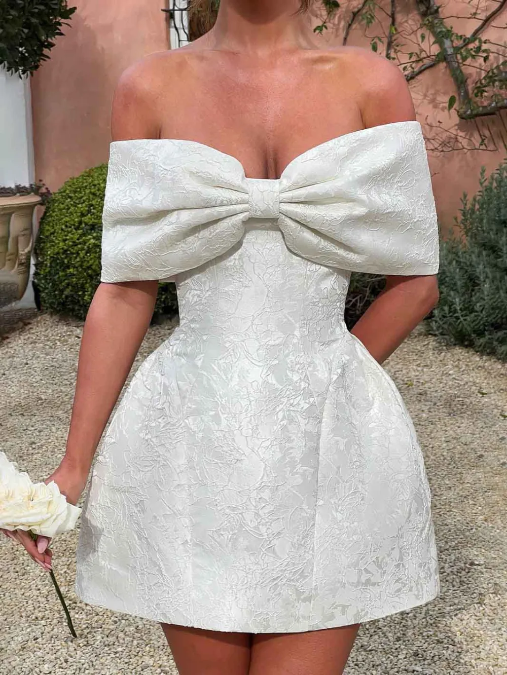 Bow Off the Shoulder Jacquard Mini Dress