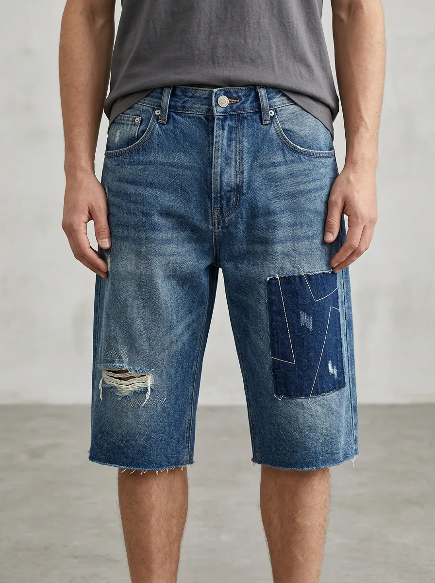 Men's Patchwork Distressed Raw Hem Street Inspired Distressed Denim Shorts
