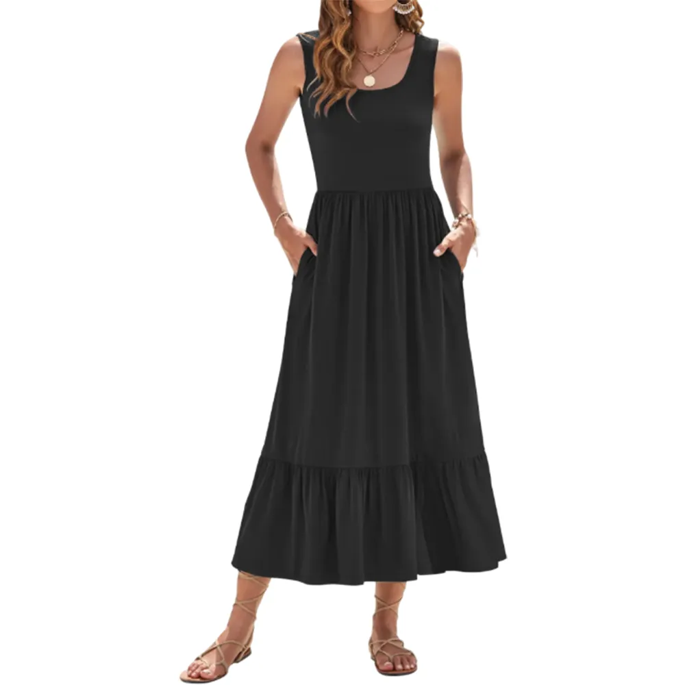 Women's Square Neck Sleeveless Floral Tiered Maxi Dress With Pockets