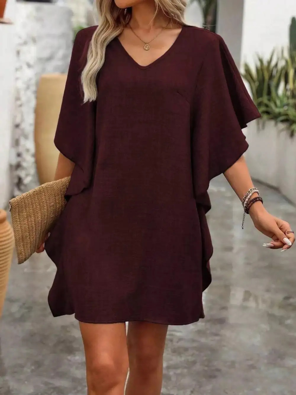 V-Neck Ruffled Mini Dress
