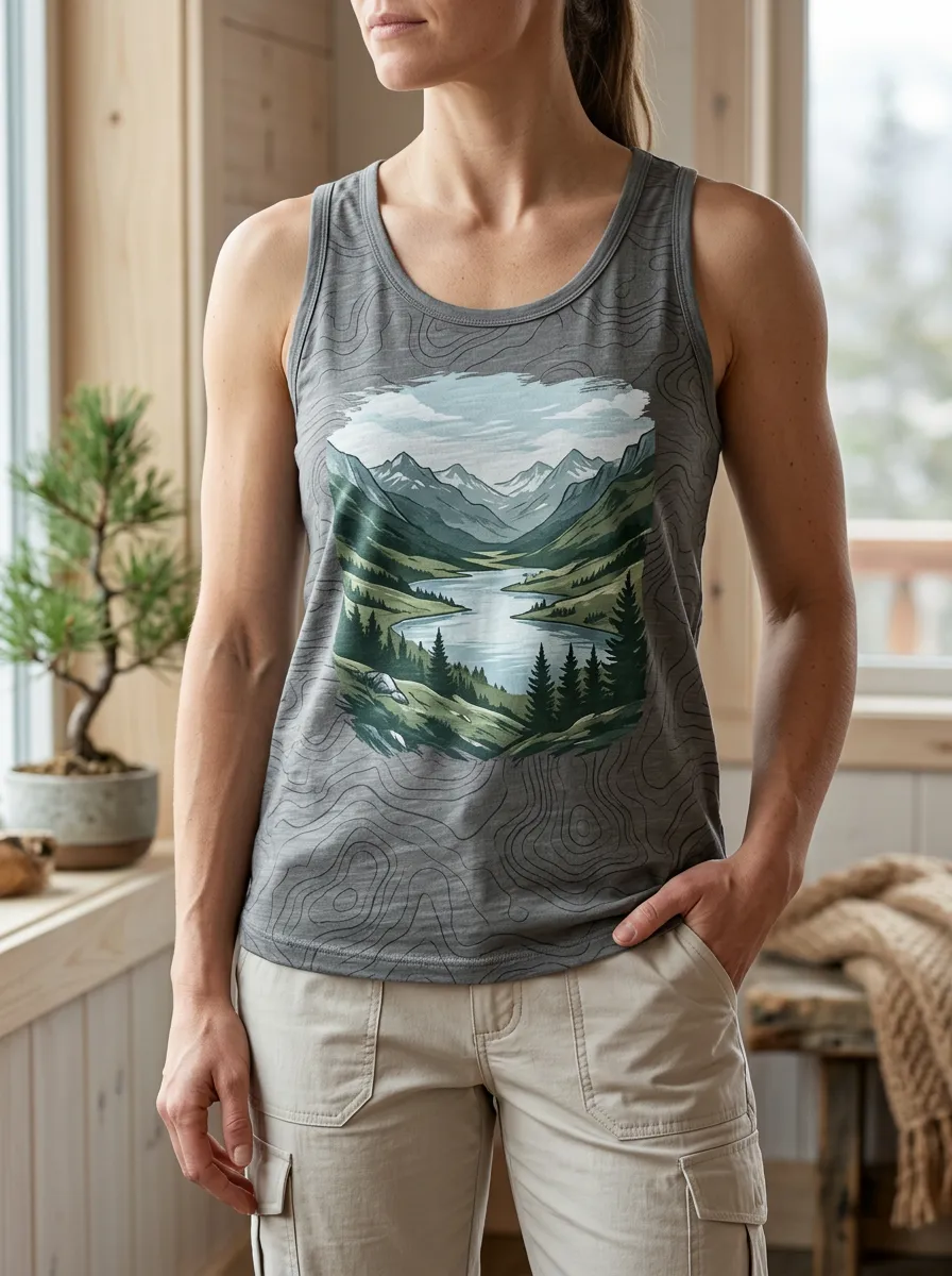 Women's Nature Lover Mountain Lake Topographic Printed Tank Top