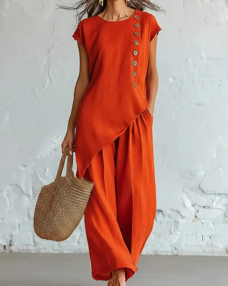 Asymmetrical Button Top and Wide-Leg Pants Lounge Set