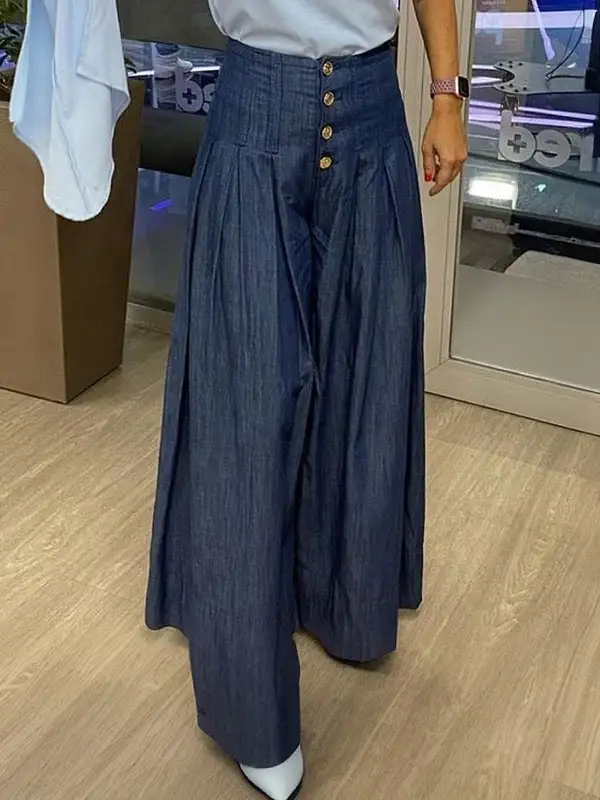 Minimal High Waist Relaxed Fit Wide Leg Pleated Button Detail Pocket Jeans