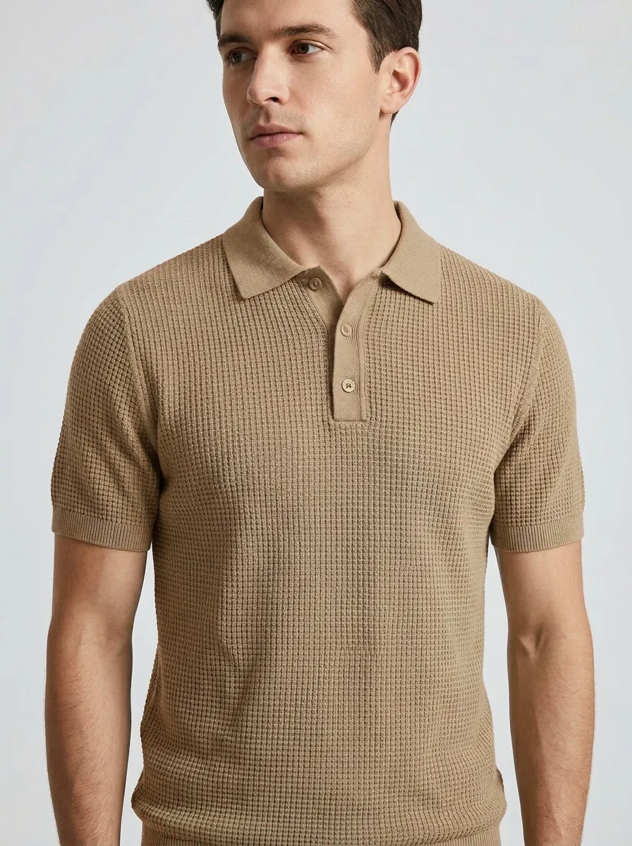 Men's Minimalist Lightweight-Look Waffle Knit Polo Shirt