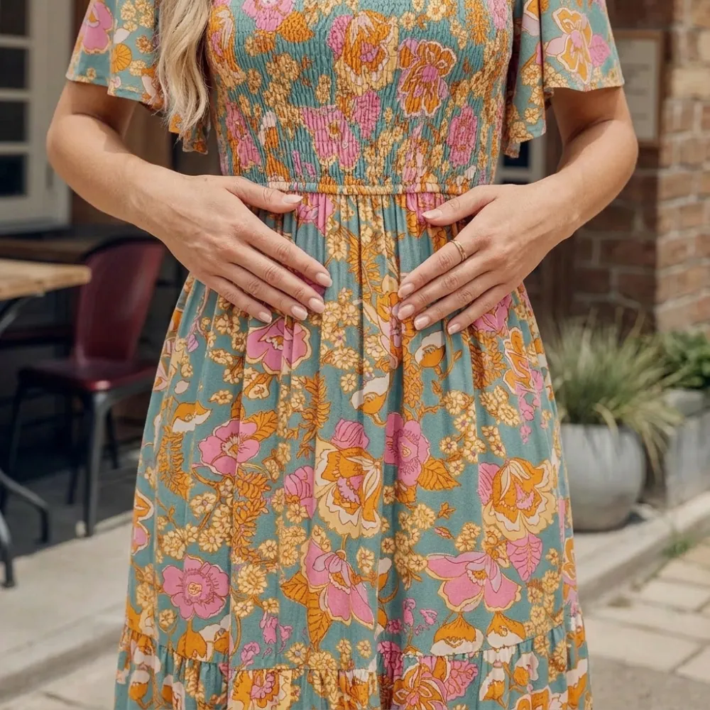 Textured Smocked Floral Maxi Dress