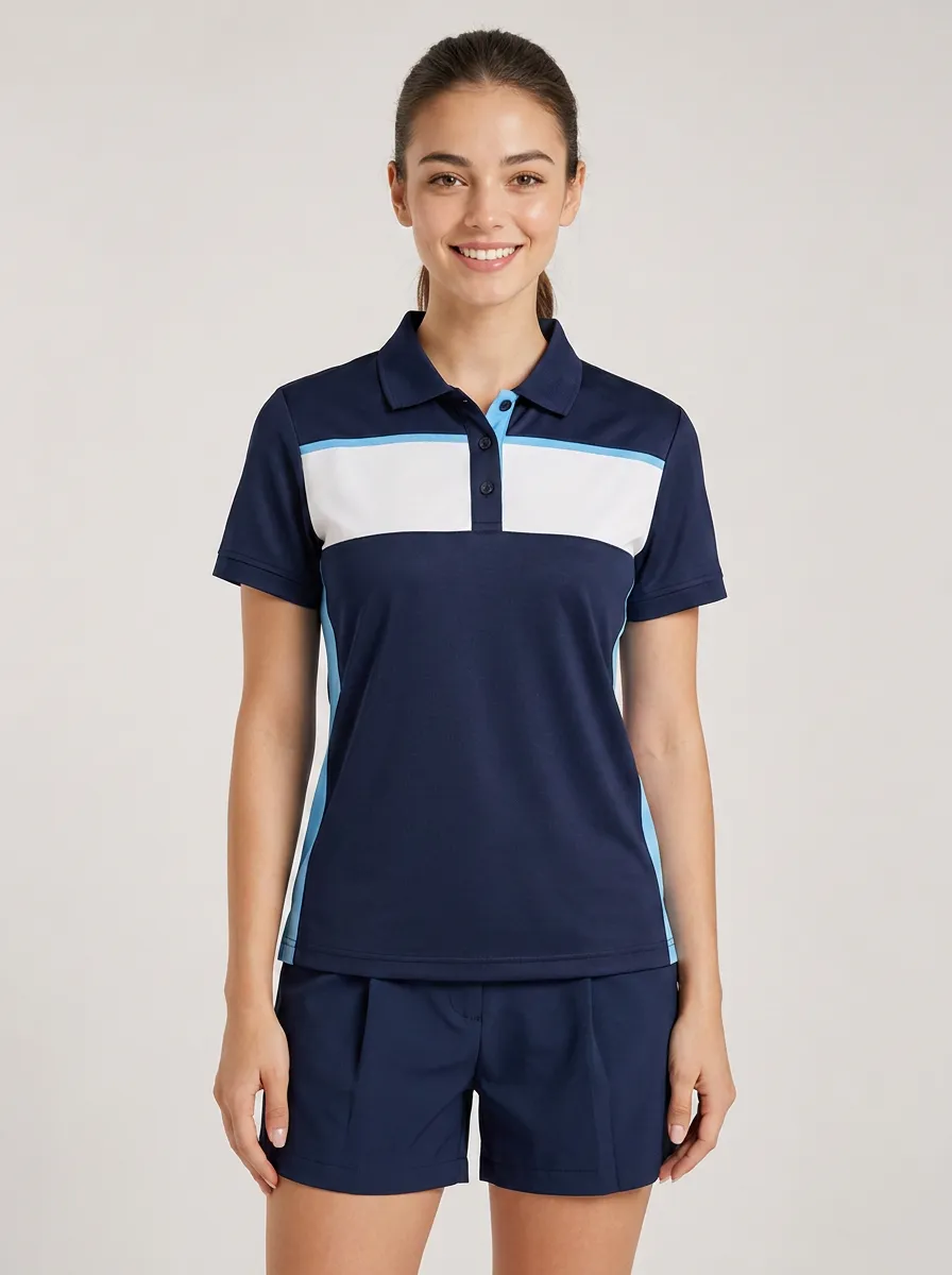 Women's Sporty Colorblock Navy White Blue Printed Polo Shirt