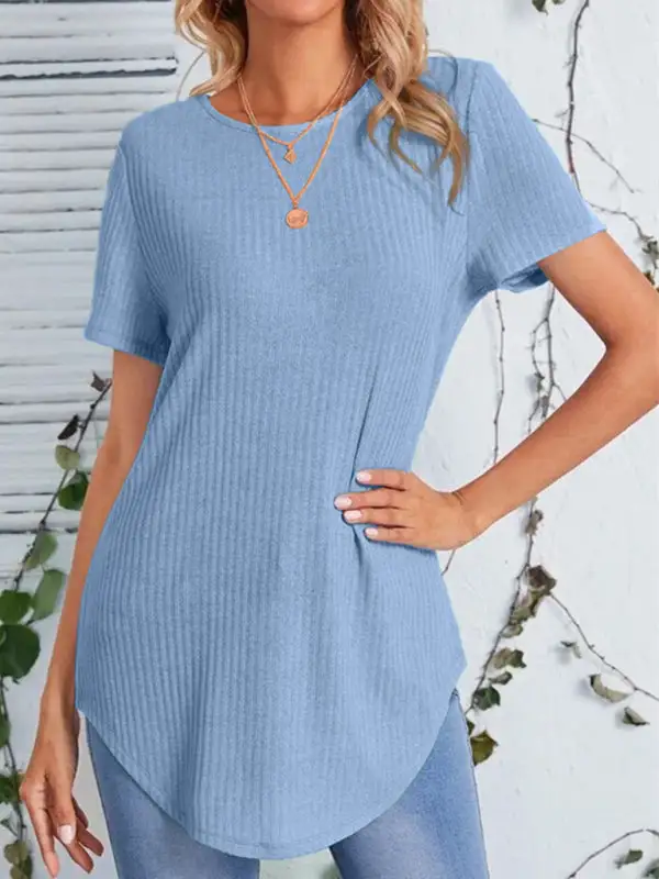 Round-Neck Collared Short-Sleeve Knit T-Shirt