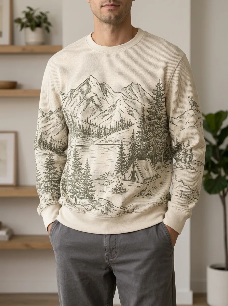 Men's Camping Nature Lover Mountain Forest Printed Waffle Sweatshirt