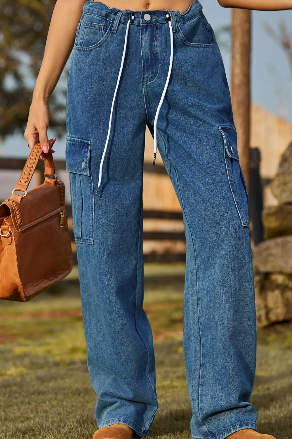 Loose Fit Pocketed Drawstring Denim Jeans