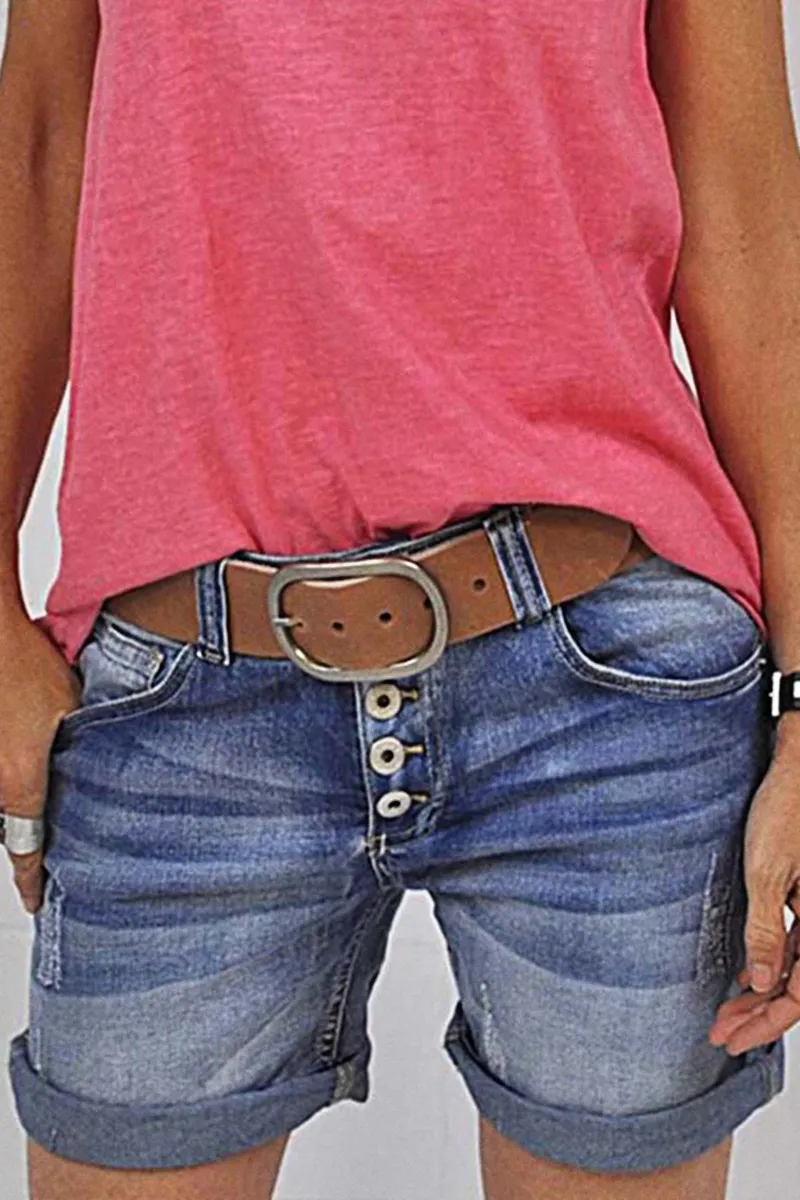 Button Fly Ripped Denim Shorts Without Belt