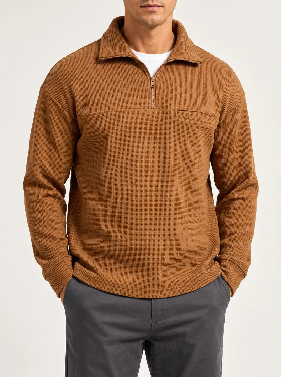 Modern Casual Sweatshirt with Waffle Knit Finish and Quarter-Zip Front