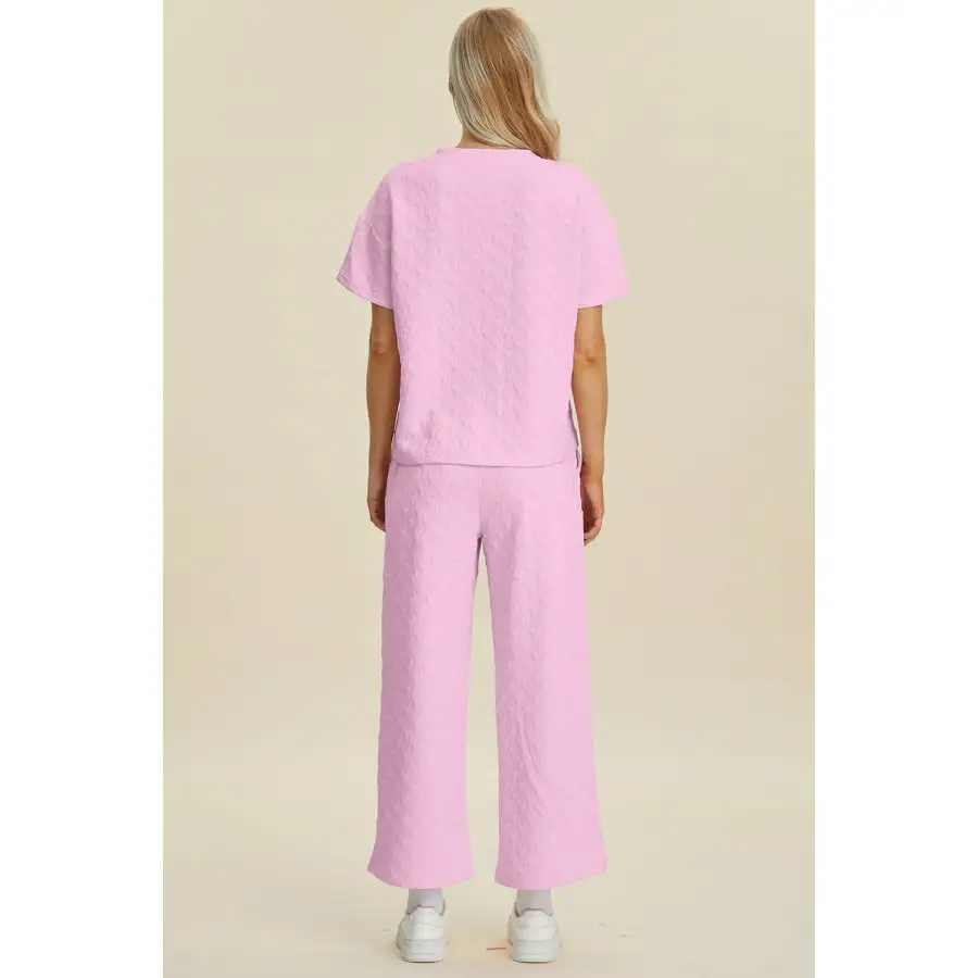 Double Take Texture Round Neck Short Sleeve Top and Pants Set