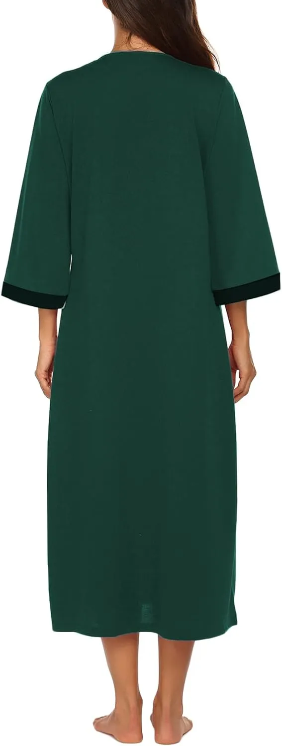 50% OFF Women Zipper Robe 3/4 Sleeves Loungewear Dress Full Length Sleepwear Pockets Housecoat Nightgown Long Bathrobe
