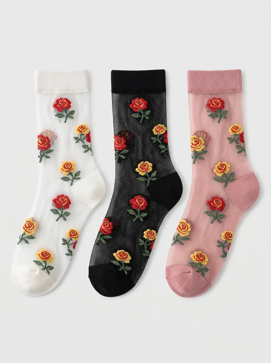 Women's Multicolor Rose Embroidered Sheer Crew Socks 3-Pack