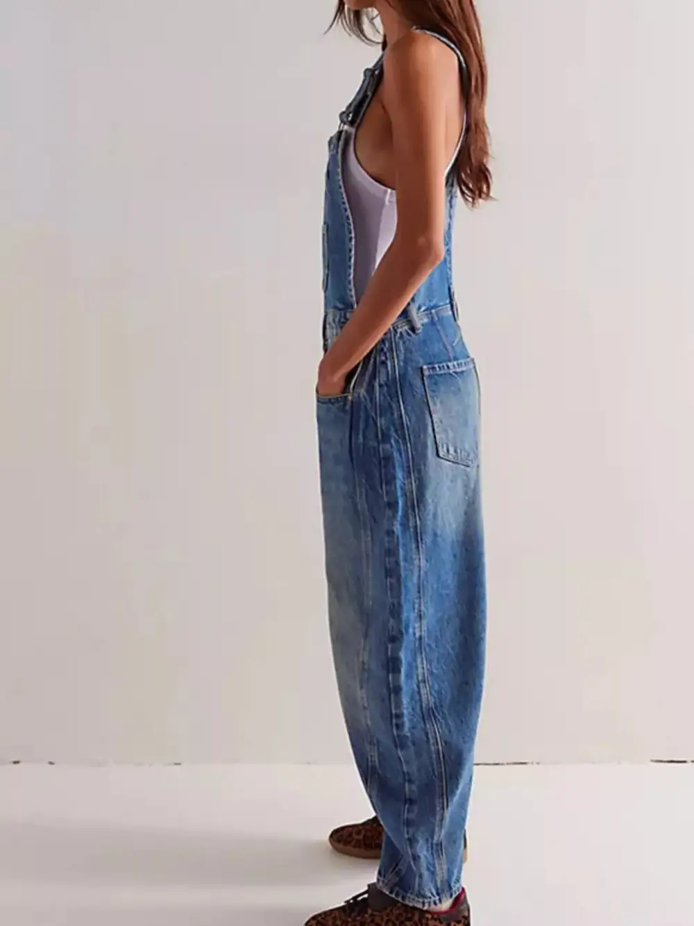 Wide Strap Wide Leg Denim Overalls Full-Length Bib Overalls