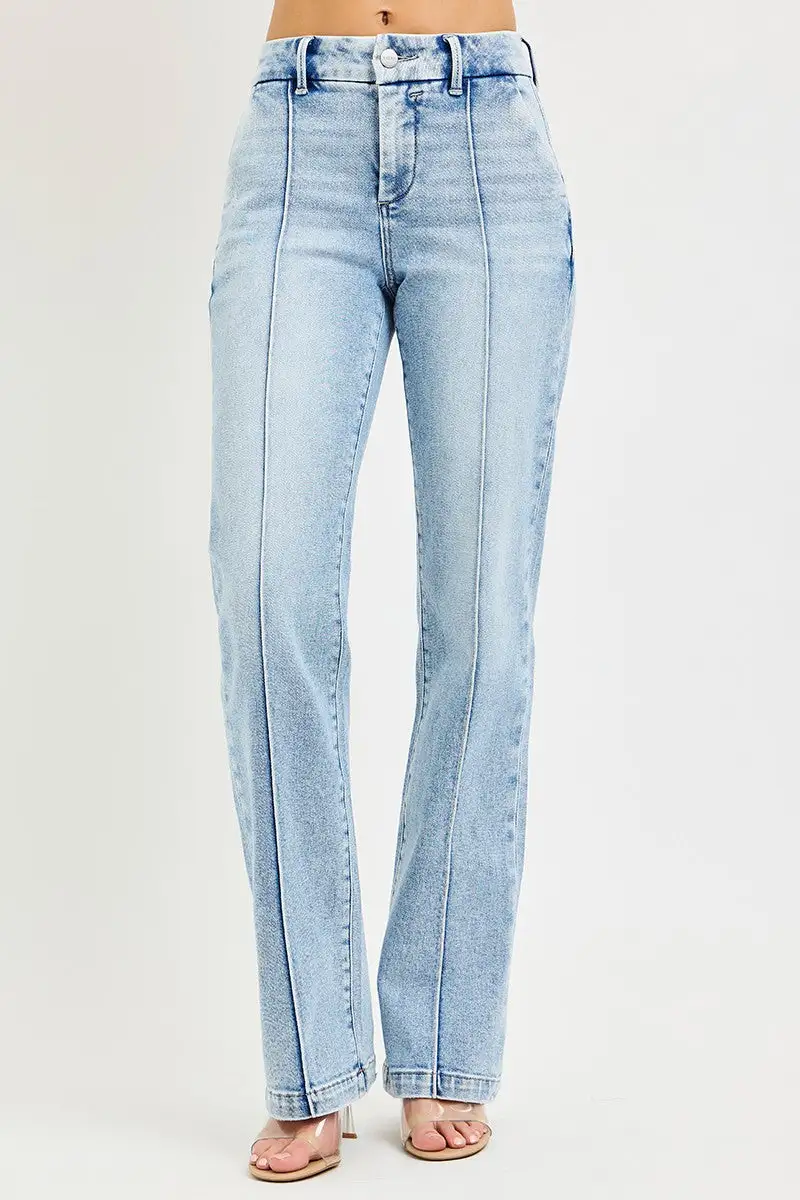 Easygoing High-Rise Washed Pocketed Stretch Straight Leg Jeans