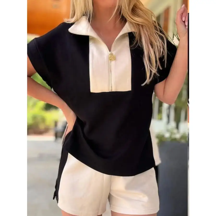 Block Half Zip Top and Shorts Two Piece Set