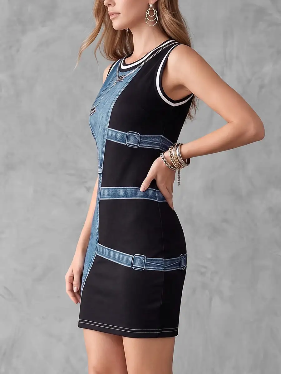 Bodycon Sleeveless Contrast Color Printed Round Neck Mini Dress