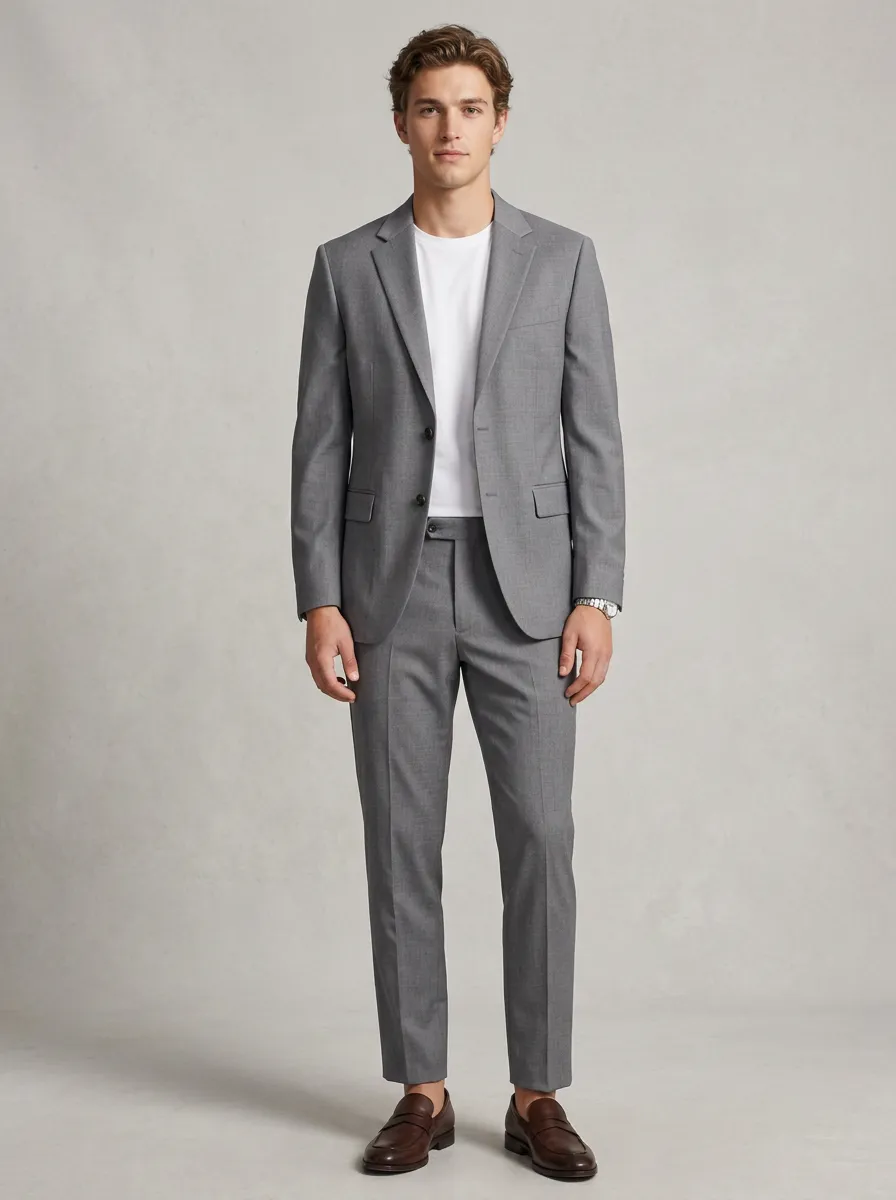 Men's Straight Leg Business Casual Grey Solid Color Tailored Suit Set