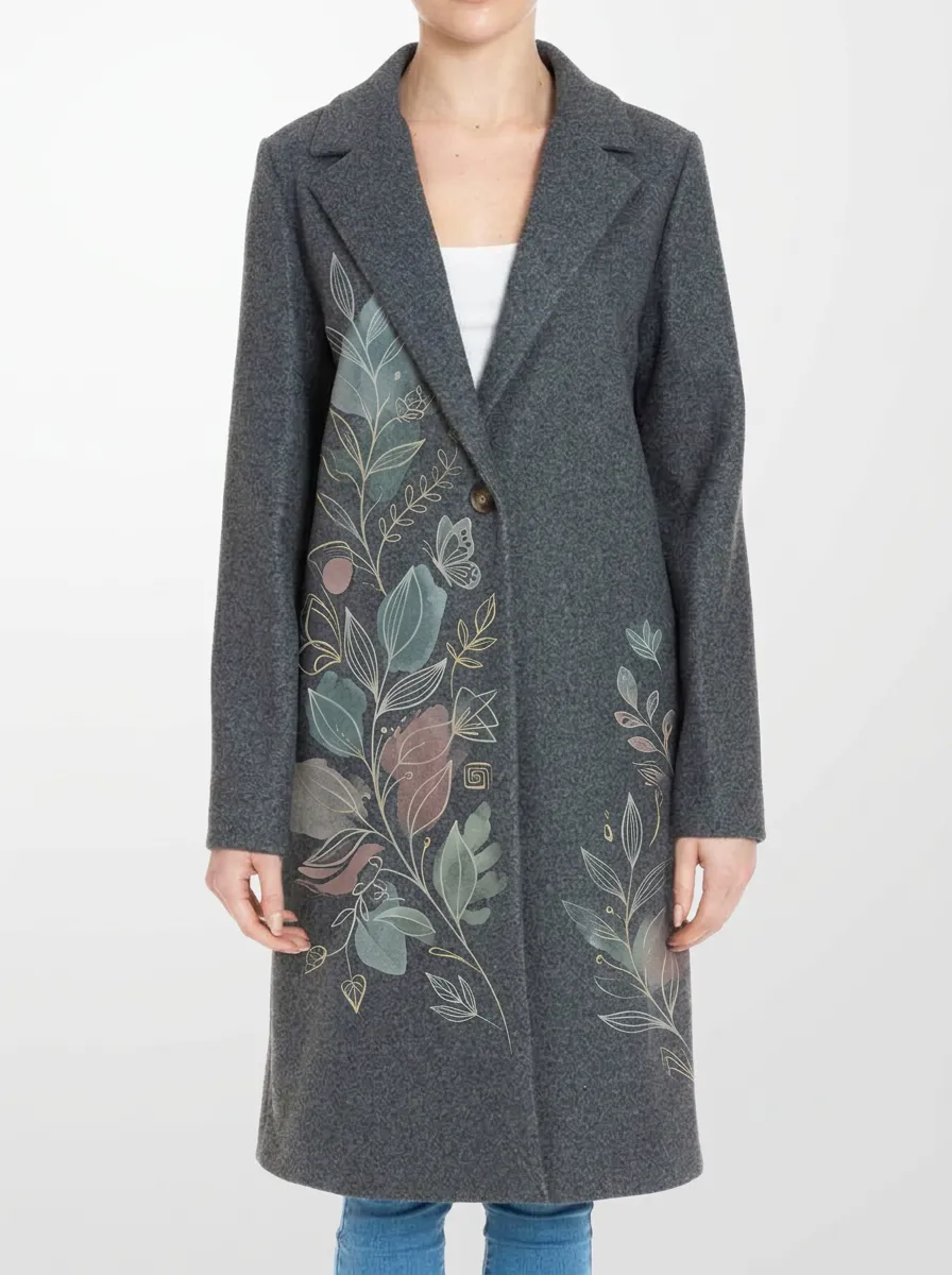 Women's Botanical Nature Lover Floral Leaf Printed Wool Coat