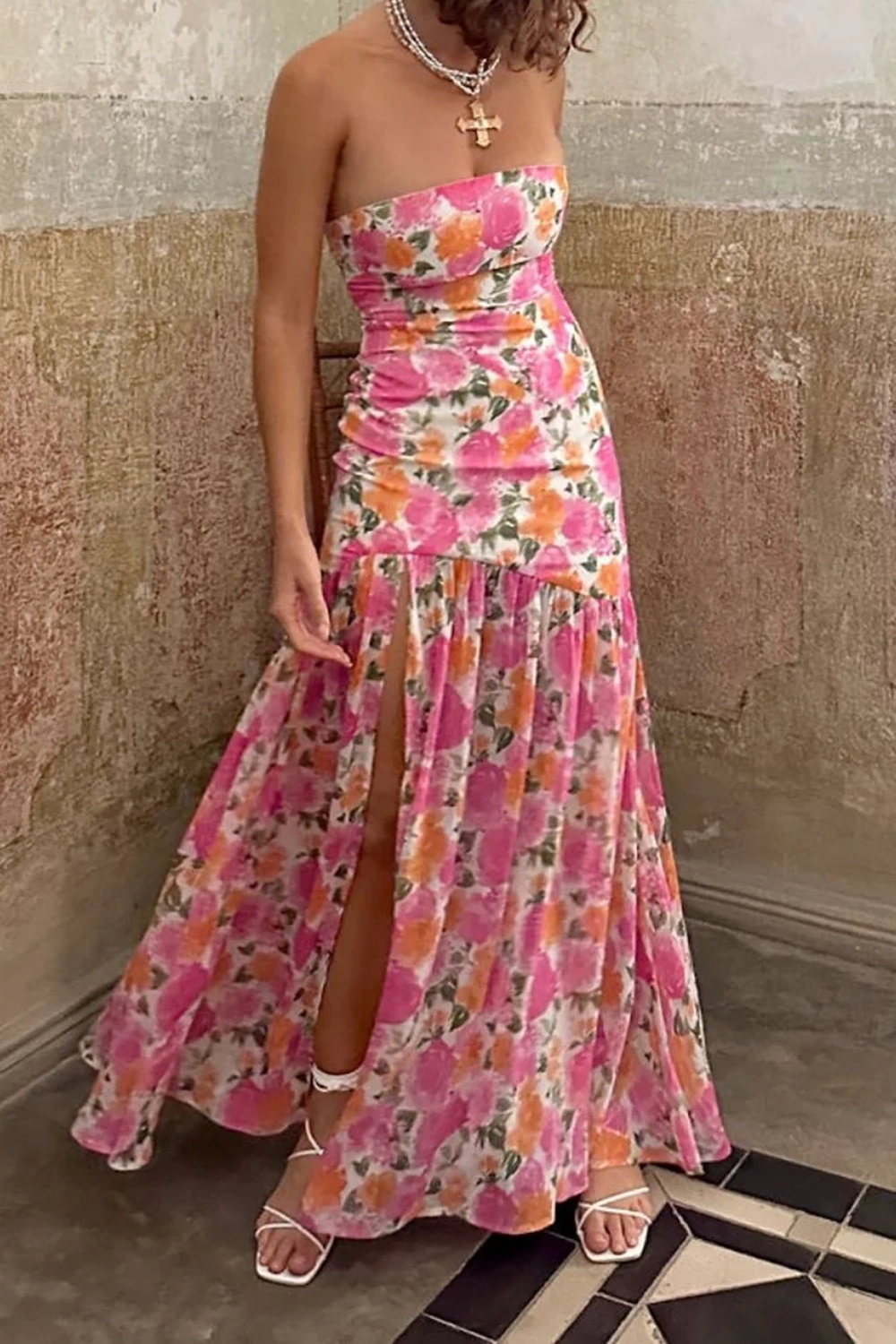 Strapless Drop Waist Pink Floral Maxi Dress