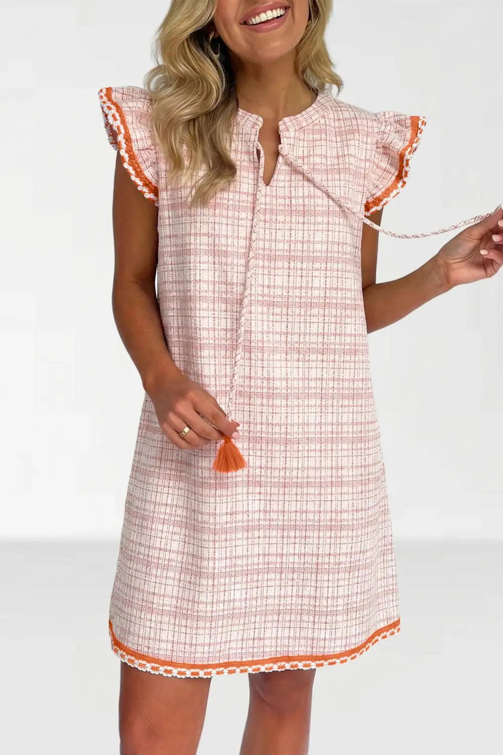 Textured Tie Detail Contrast Trim Mini Dress