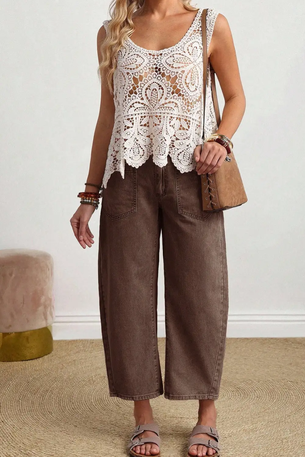 Barrel Patch Pocket Solid Square Ankle-length Jeans
