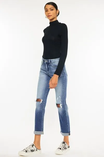 Versatile High Waist Straight Leg Distressed Denim Jeans