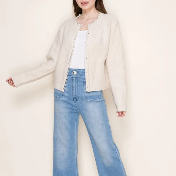 Button Front Pearl Detail Cardigan