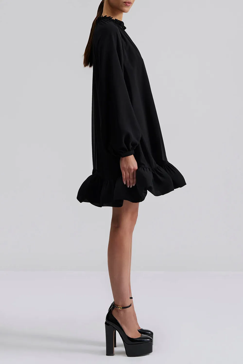 V Neck Ruffled Hem Mini Dress