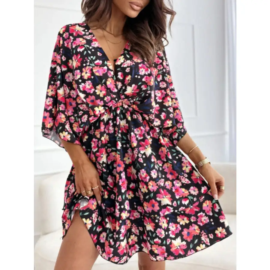 Print V-neck Ruffle Mini Dress